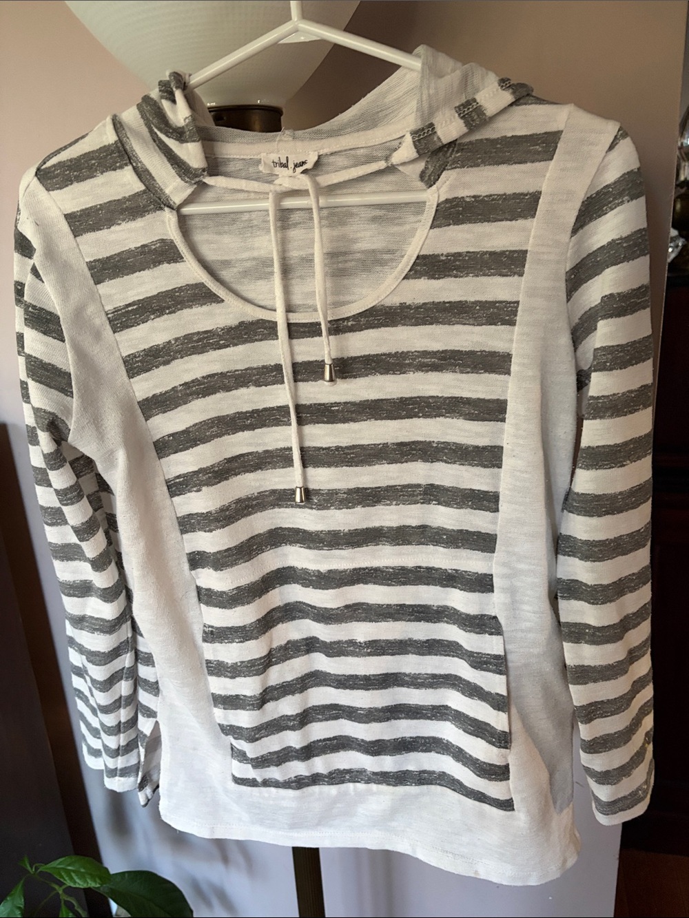 Striped Hooded Long-Sleeve Top in White and Gray